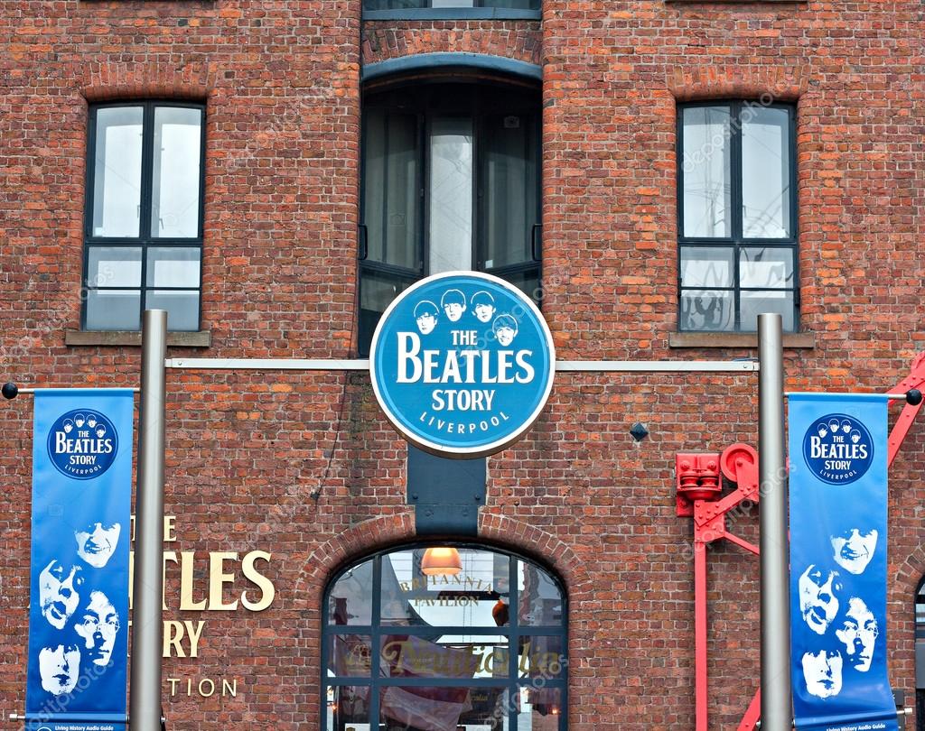 The Beatles Story Exhibition Sign, at Albert Dock, Liverpool, UK. A popular tourist attraction.