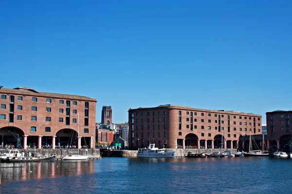 Albert dock och angkican katedralen liverpool Storbritannien — Stockfoto