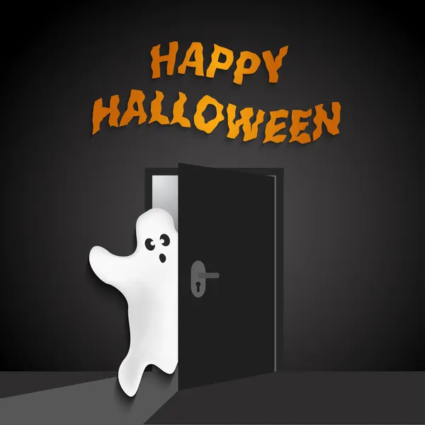 Halloween fundo com fantasma engraçado abrindo a porta — Vetor de Stock