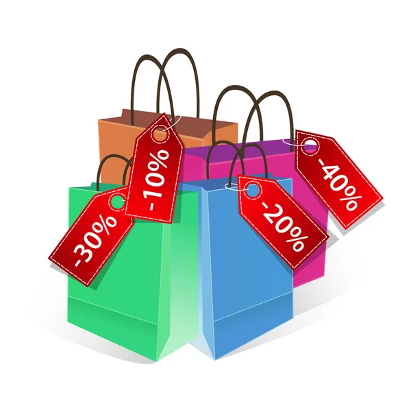 Borsa shopping in carta colorata con etichette sconto isolate su sfondo bianco — Vettoriale Stock