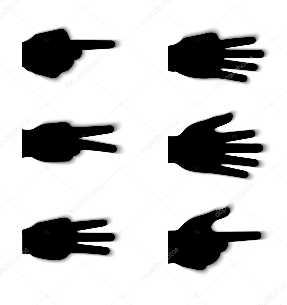 Hand gesture silhouettes with shadow effect isolated on white