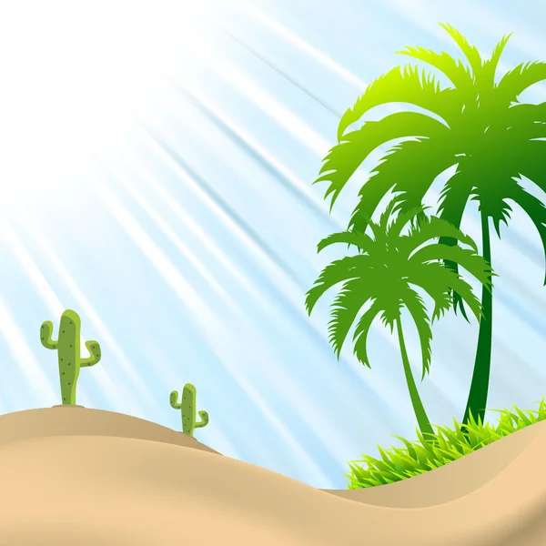 Illustration of desert scene with palm tree,cactus, sand dunes — Stock Vector