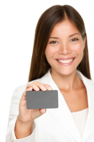 Smiling business woman with blank card — Stock Photo, Image