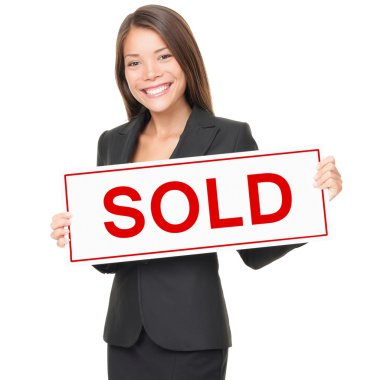 Realtor or Real estate agent woman sold sign on white background clipart