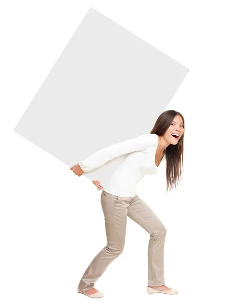 Kobieta pokazuje lub podnoszenia ciężkich znak — Zdjęcie stockowe