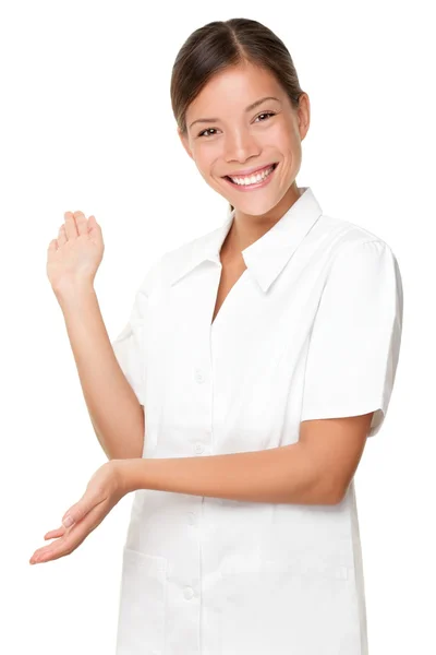 Beautician, massage therapist showing on white — Stock Photo, Image