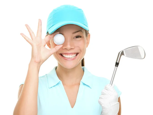 Golf pelota mujer holding club —  Fotos de Stock