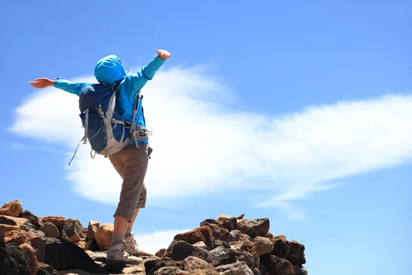 Gelukkige vrouw wandelaar bereiken van haar doel op de hoogste top van de berg — Stockfoto