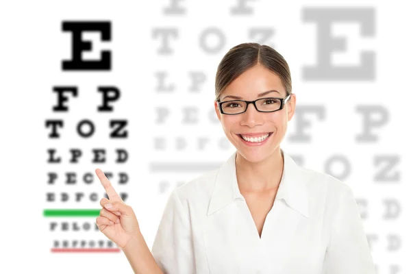 Optician or optometrist pointing at Snellen eye exam chart. — Stock Photo, Image