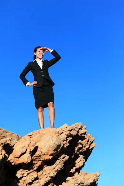 Femme d'affaires regardant du sommet de la montagne — Photo