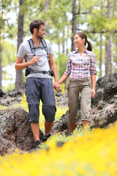 Hiking couple walking in forest — Stok fotoğraf