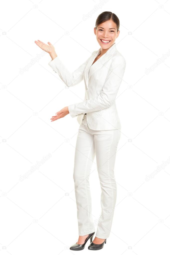 Full body picture of a happy business woman welcoming Stock Photo