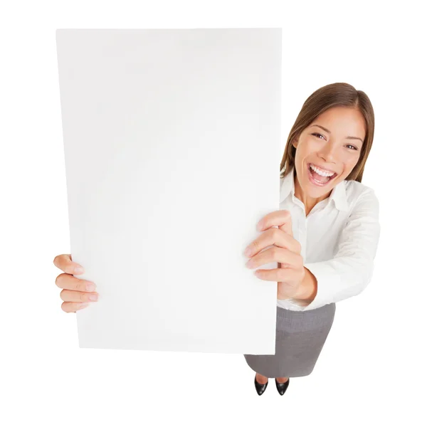 Businesswoman with blank sign excited — Stock Photo, Image