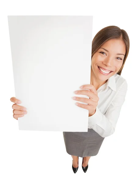 Poster sign woman showing blank placard — Stock Photo, Image