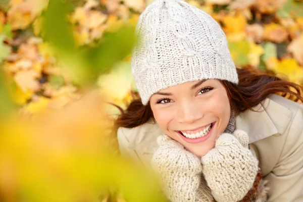 Autumn woman in yellow leaves portrait Royalty Free Stock Images