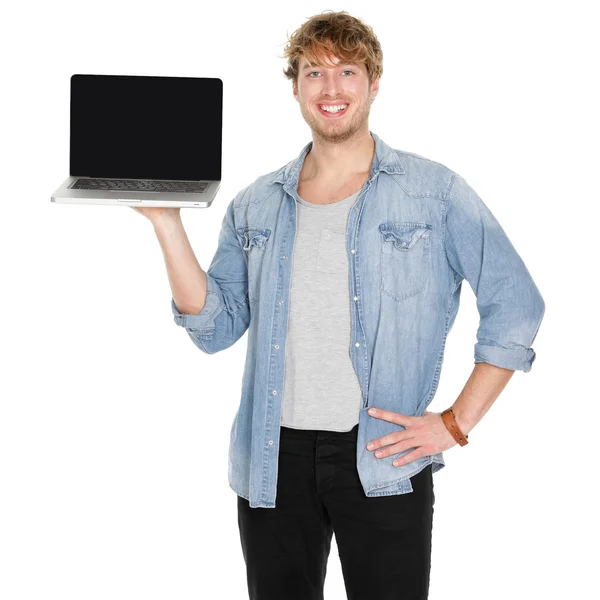 Joven estudiante mostrando pantalla portátil en blanco — Foto de Stock