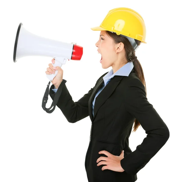 Megafone gritando engenheiro empreiteira mulher — Fotografia de Stock