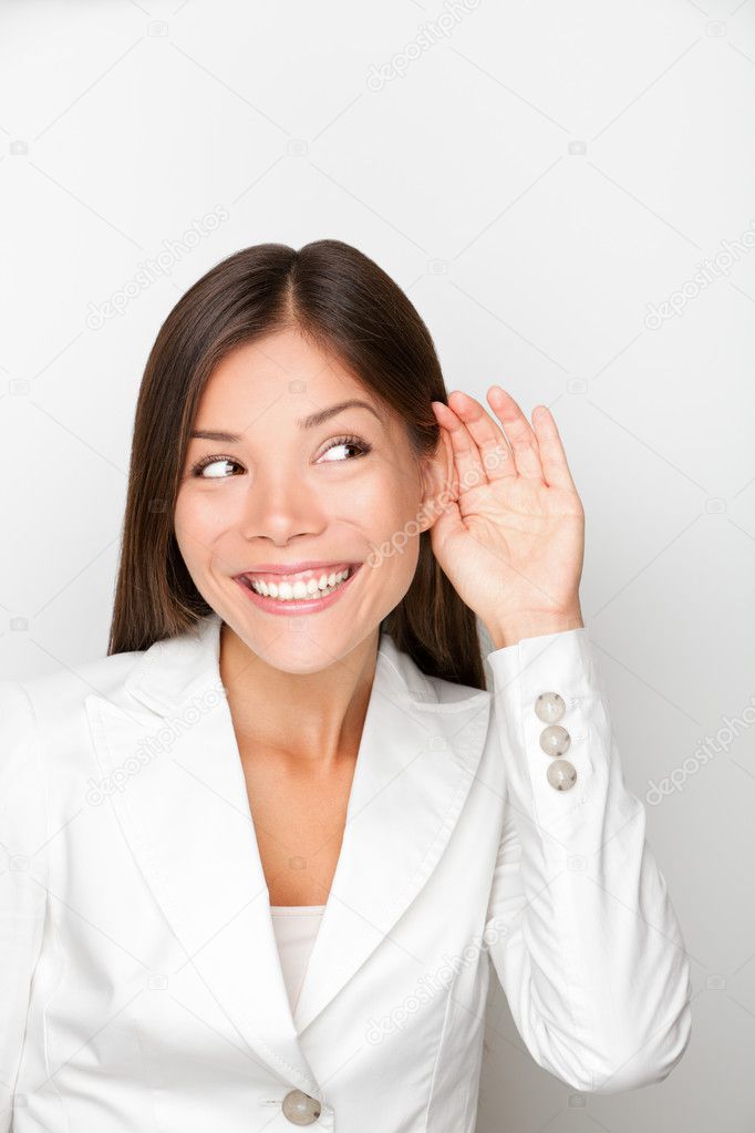 Business Woman Listening With Hand To Ear Concept — Stock Photo