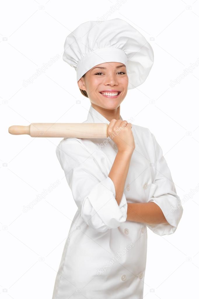Baker woman smiling proud with baking rolling pin Stock Photo by ...