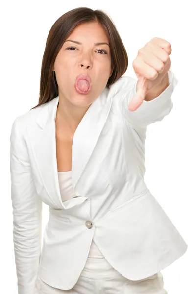 Mujer de negocios burlas mientras gestos pulgares hacia abajo —  Fotos de Stock