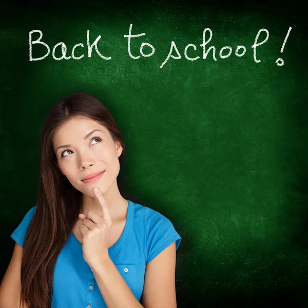 Back to school blackboard - woman student thinking — Stock Photo, Image