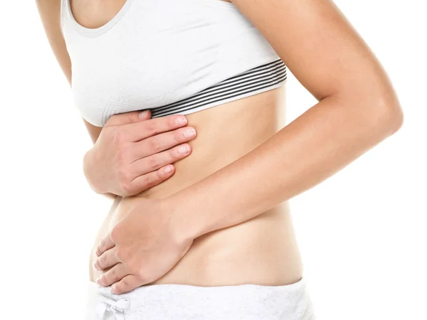 Stomach pain - woman having abdominal pain — Stock Photo, Image