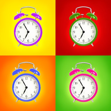 Alarm clocks isolated on colorful background clipart