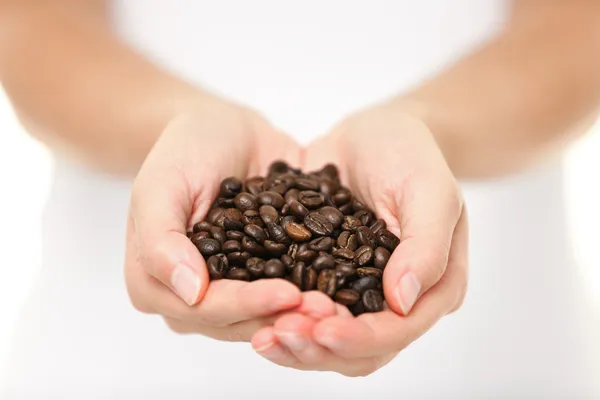 Coffee beans - woman showing coffee bean handful — Stock Photo, Image