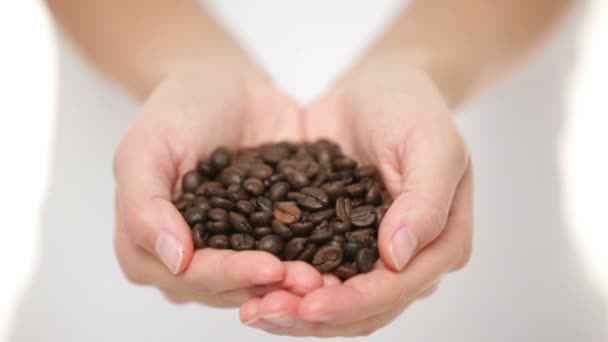 Coffee beans - woman showing coffee bean handful — Stock Video