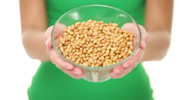 Healthy snack - dried salty soybeans — Stock Video