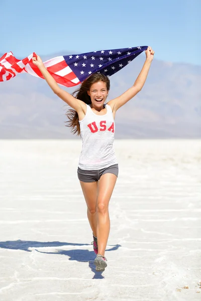 Ganadora atleta mujer con bandera americana, Estados Unidos —  Fotos de Stock