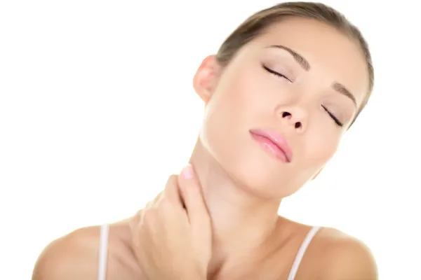 Neck pain muscle stress - Asian woman massaging — Stock Image Neck pain muscle stress - Asian woman massaging Stock Image