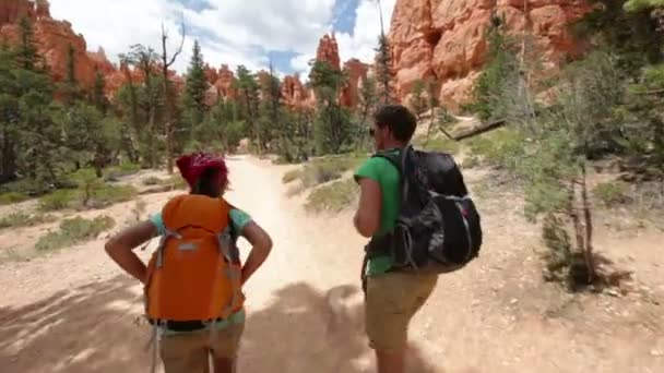 Güzel manzara zam üzerinde Backpackers hiking — Stok video