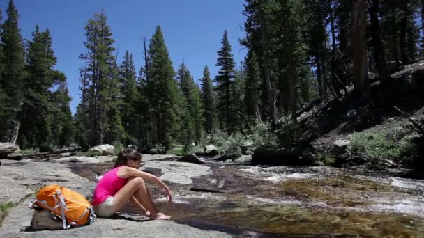 徒步旅行者休息和在优胜美地国家公园徒步旅行 — 图库视频影像