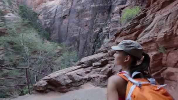 Hiker woman hiking in Zion National Park — Stock Video