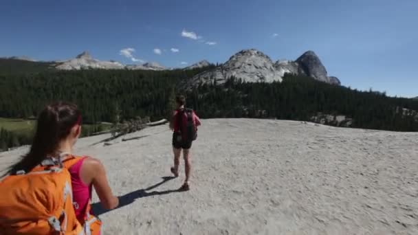 Hikers people hiking in Yosemite — Stock Video