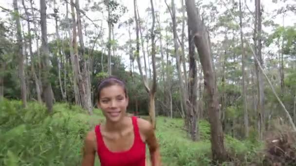 Running woman exercising jogging in forest — Stock Video