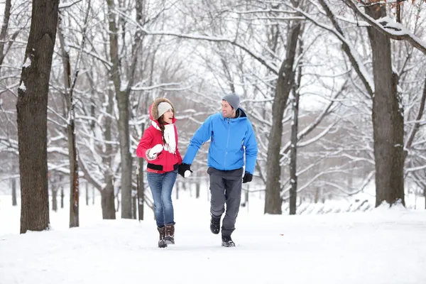 Par promenader i vinter skog — Stockfoto