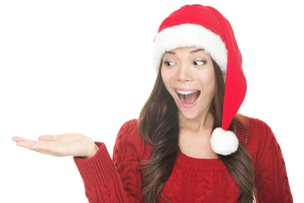 Santa γυναίκα δείχνει copyspace ενθουσιασμένος — Φωτογραφία Αρχείου