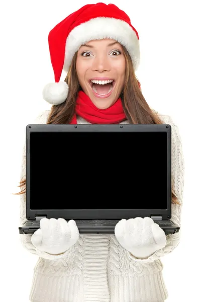 Weihnachtscomputer Frau hält Notizbuch — Stockfoto