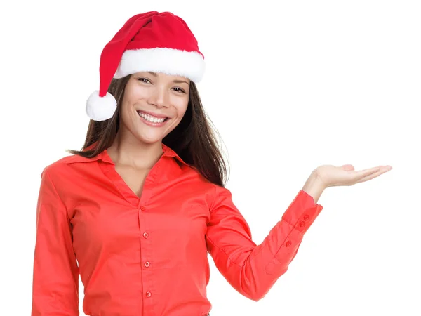 Mujer de Navidad aislada mostrando espacio de copia — Foto de Stock