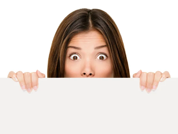 Banner sign woman peeking over edge — Stock Photo, Image