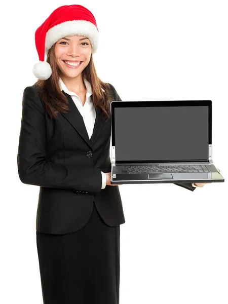 Mujer de negocios de Navidad sosteniendo ordenador portátil — Foto de Stock