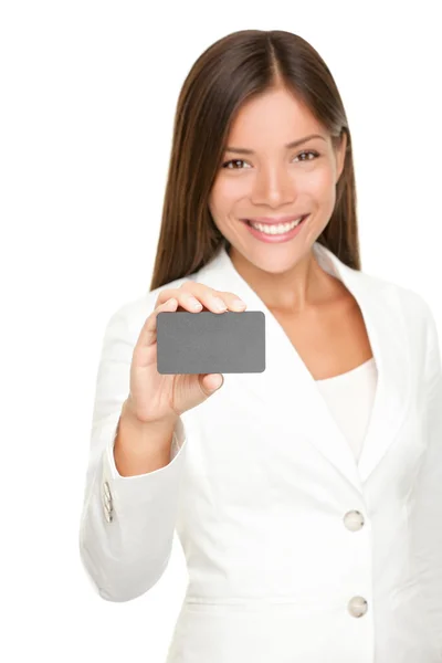 Woman showing business card — Stock Photo, Image