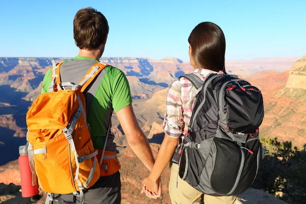 Pár drží za ruce, při pohledu na grand canyon — Stock fotografie