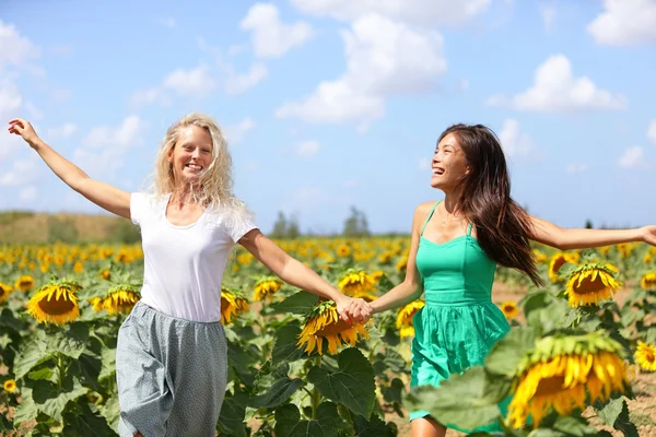 Glad sommar tjejer skrattar roligt i solros fält — Stockfoto