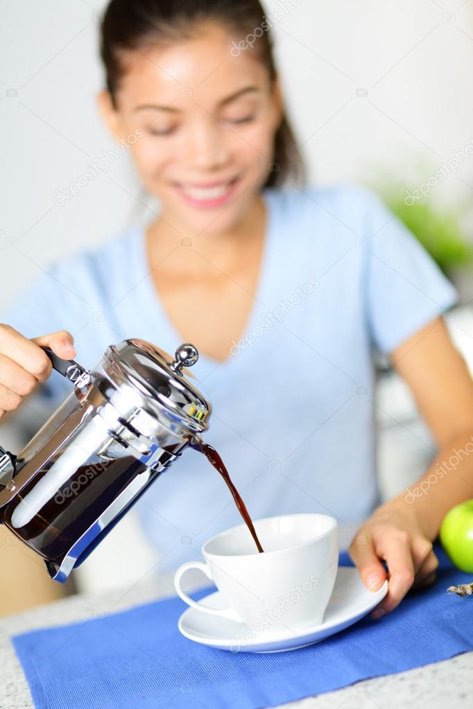 Coffee woman drinking french press coffee Stock Photo by ©Maridav