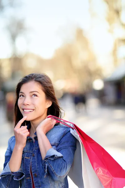 Shopping woman thinking on La Rambla, Barcelona — Stock Photo, Image