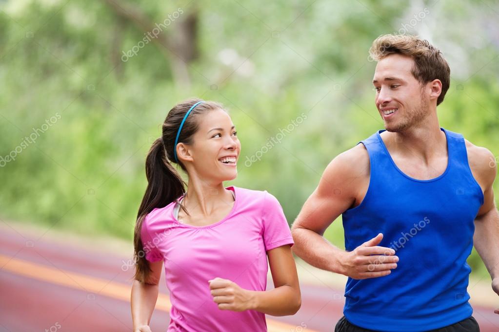 Photo Cute Athletic Couple Sportswear Running Stock Photo
