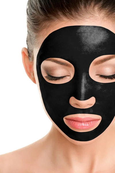 Charcoal face mask peel off facial treatment Asian beauty woman using chemical black mask therapy — Stock Photo, Image